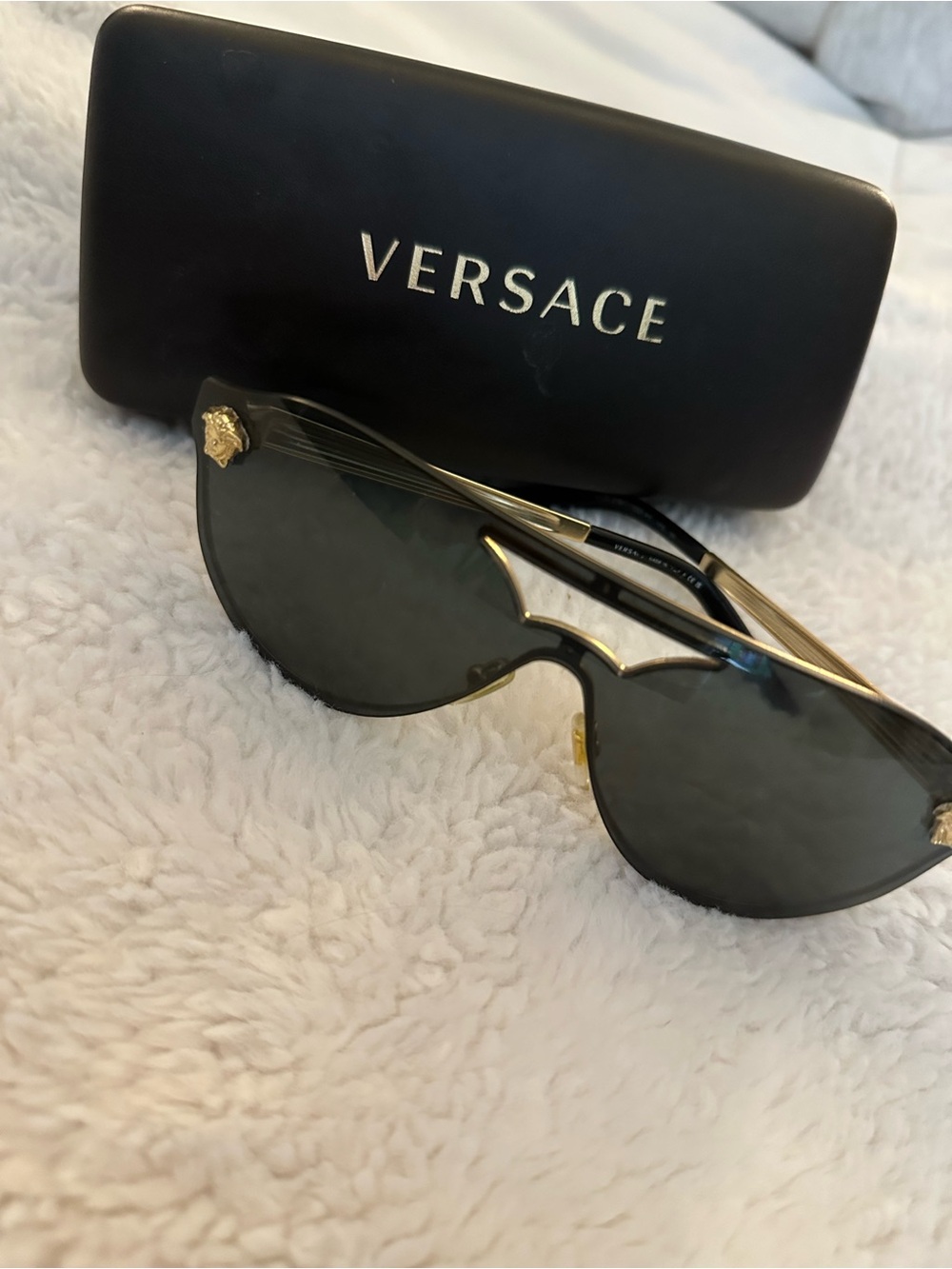 Versace Women's Black and Gold Shield Sunglasses with Medusa Accents